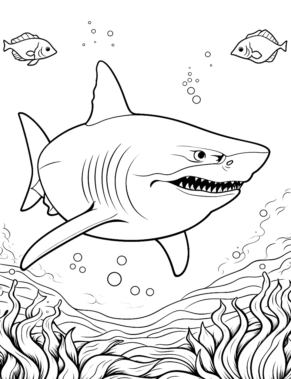 Tiger Shark Territory Coloring Page - A territorial tiger shark is warding off intruders.