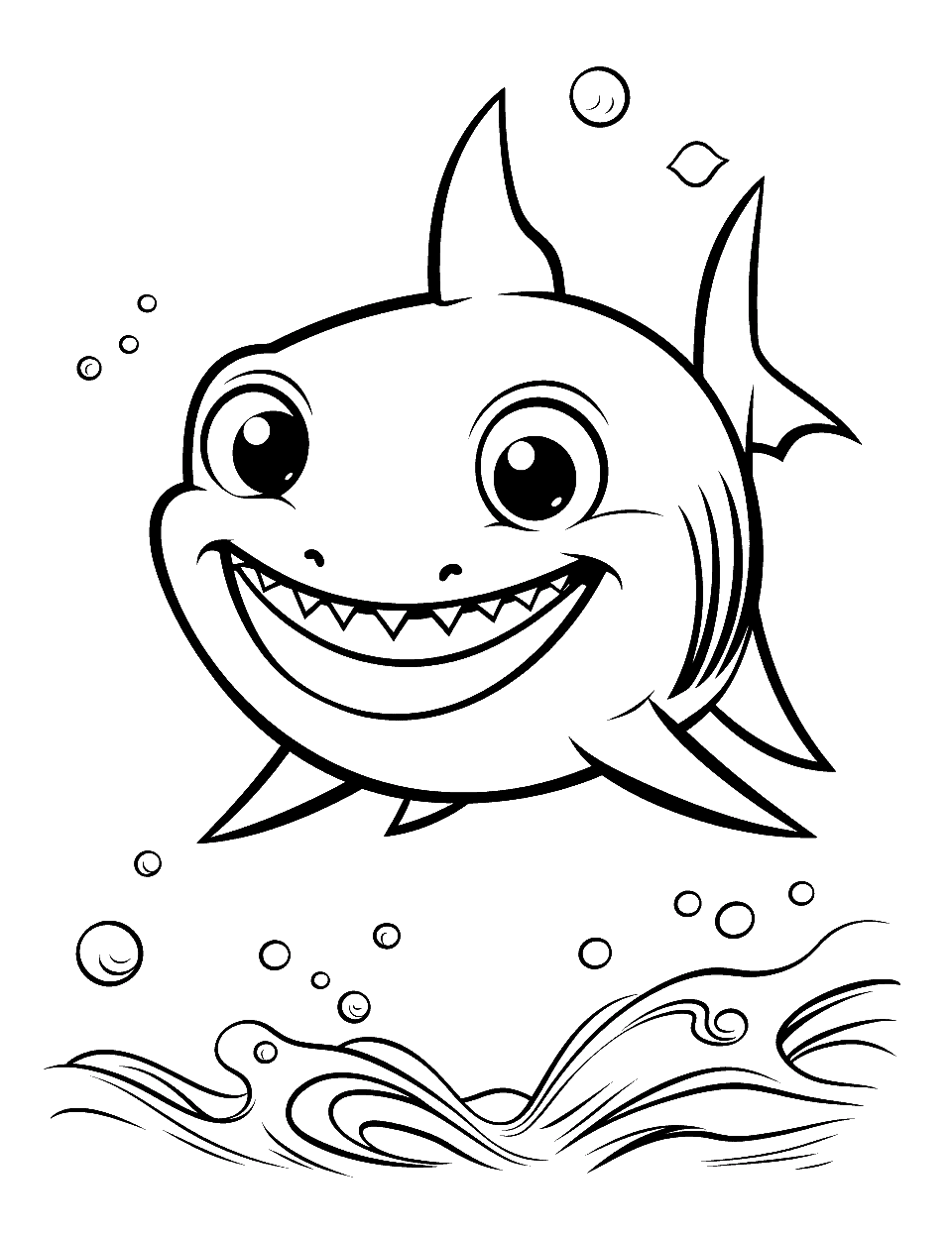 Baby Shark's First Swim Shark Coloring Page - A baby shark swimming for the first time, perfect for younger kids.