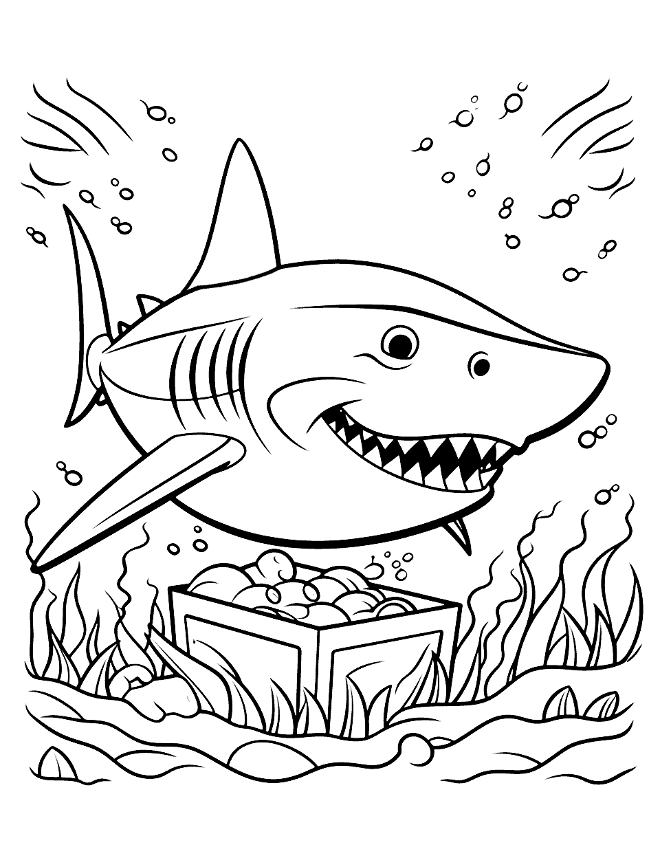 Shark Finds the Treasure Chest Coloring Page - An open chest spills round jewels across the sea floor while a cartoon shark hovers above it. Gold on the chest with a different color on each jewel gives the page its payoff. The shark itself is simply drawn and colors quickly. Glitter glue on the treasure is worth the mess if you have some.