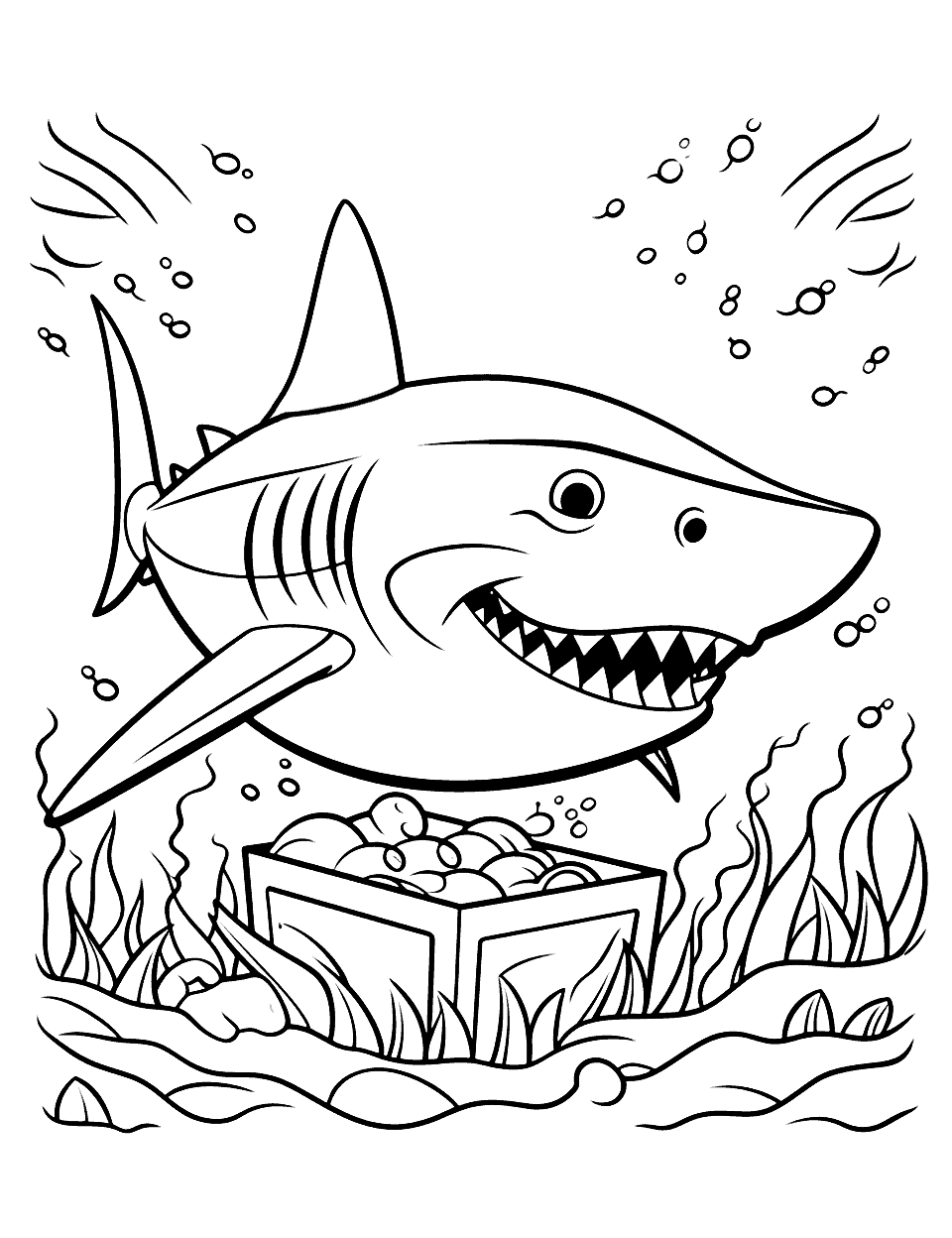 Hungry Shark and the Treasure Coloring Page - A hungry shark finding a treasure chest at the bottom of the sea.