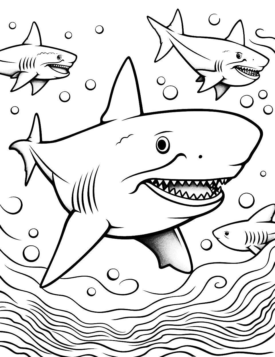 Colorful Shark Pattern Coloring Page - A complex pattern of sharks to be colored with bright and bold shades.
