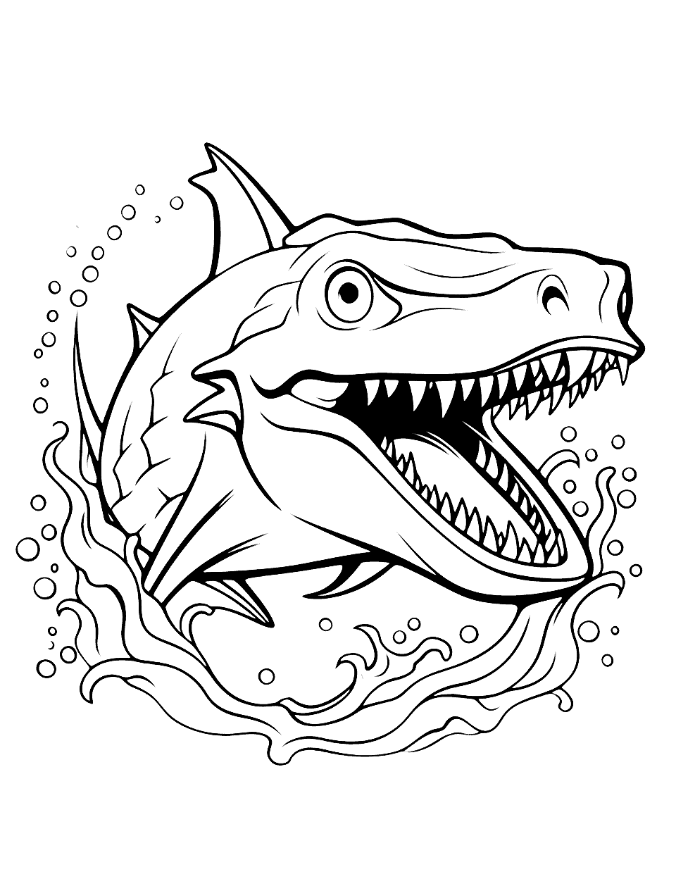 Hybrid Shark-Dragon Shark Coloring Page - An imaginary hybrid of a shark and a dragon, breathing underwater fire.
