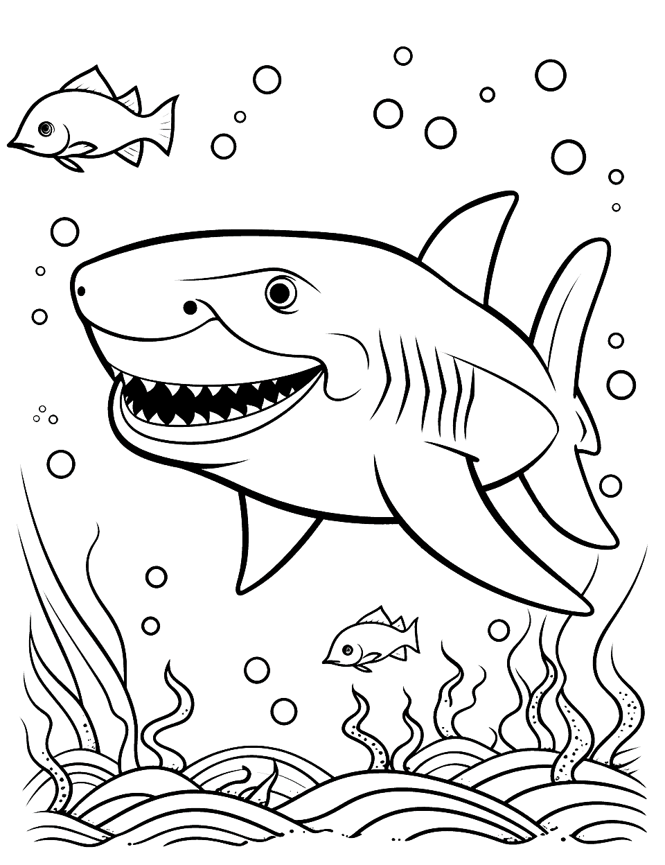 Leopard Shark and Starfish Coloring Page - A scene of a leopard shark swimming around starfish and other sea creatures.