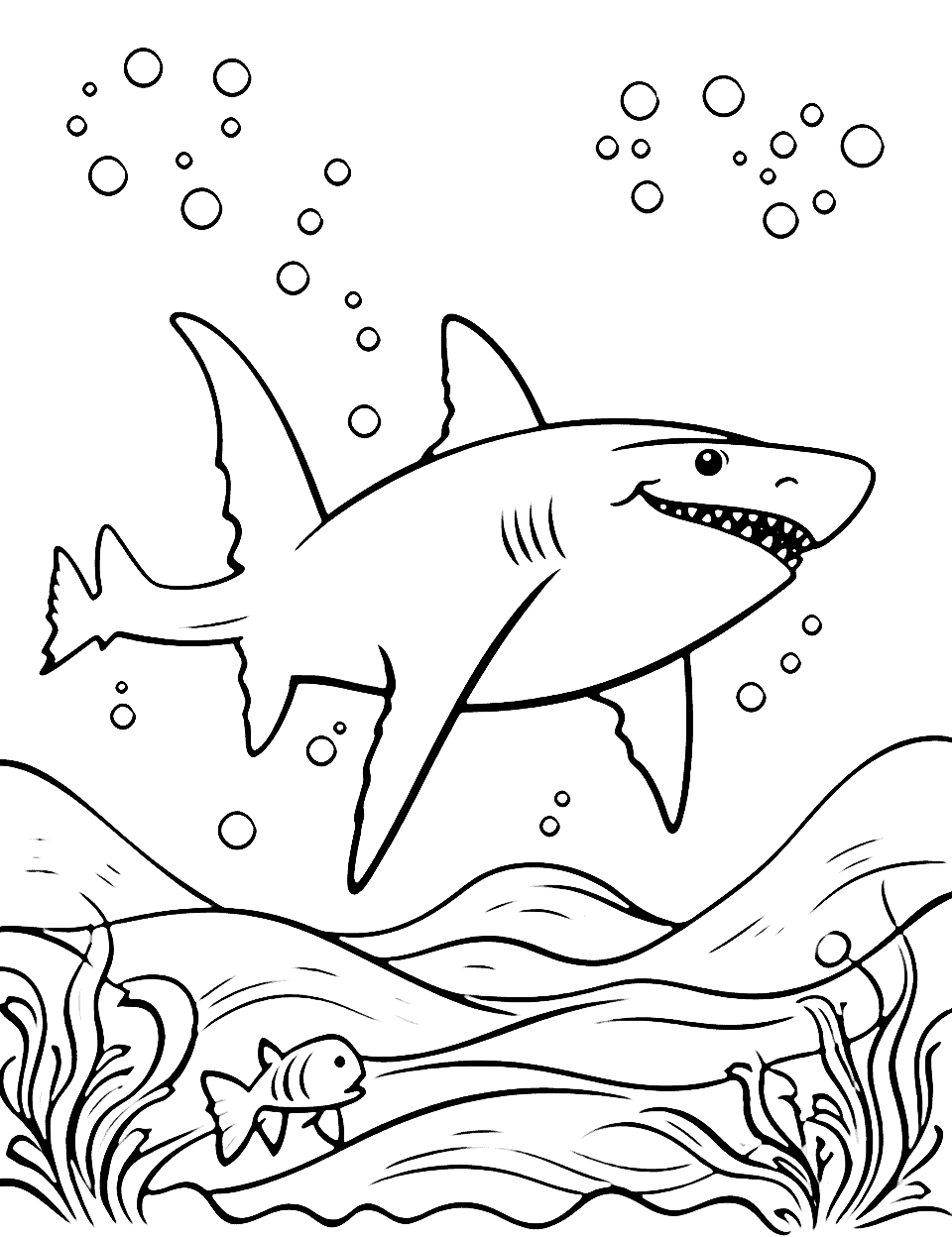 Shark Under the Moonlight Coloring Page - A scene of a shark swimming under the moonlight.