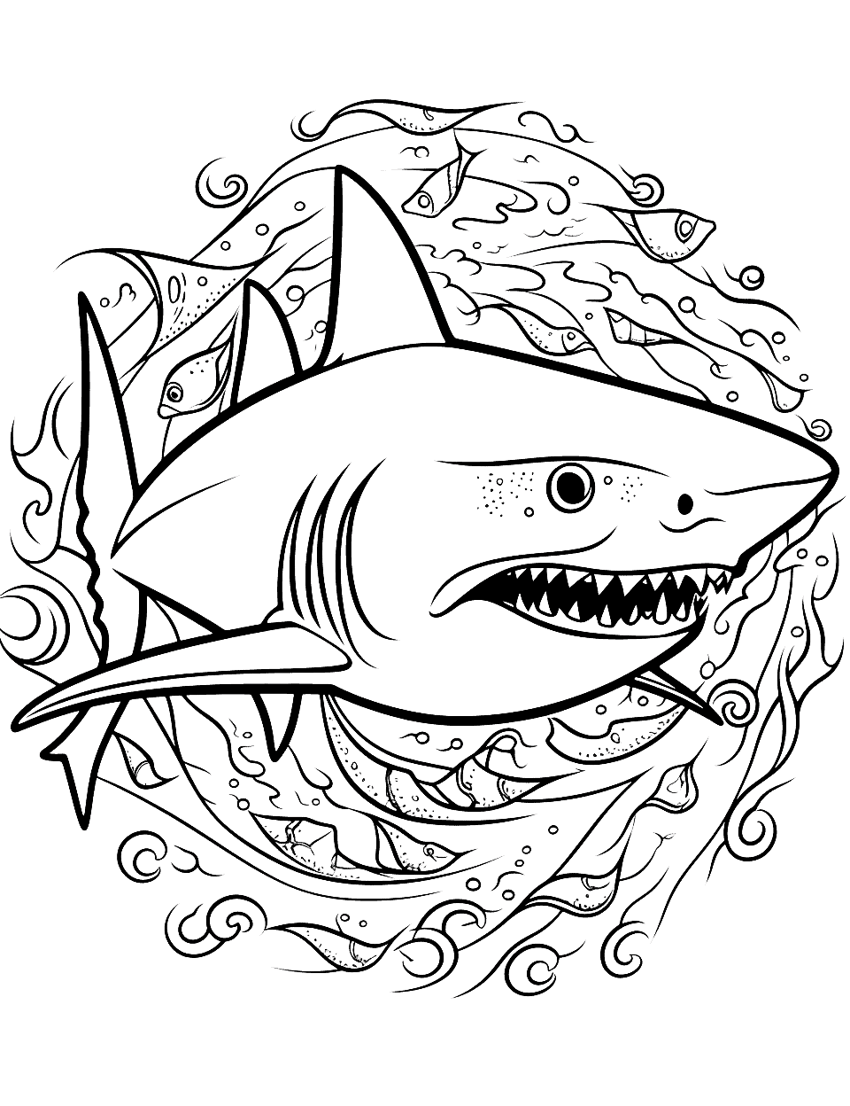 Shark Mandala Coloring Page - A complex mandala pattern with shark elements incorporated into it, suitable for older kids.