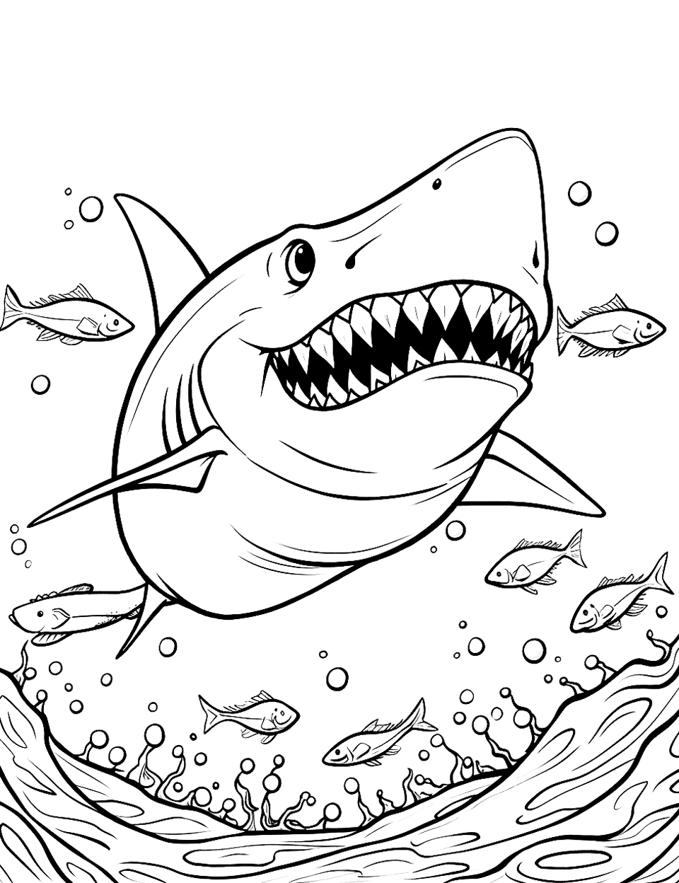 King Shark's Feast Shark Coloring Page - A king shark is about to feast on a school of fish.