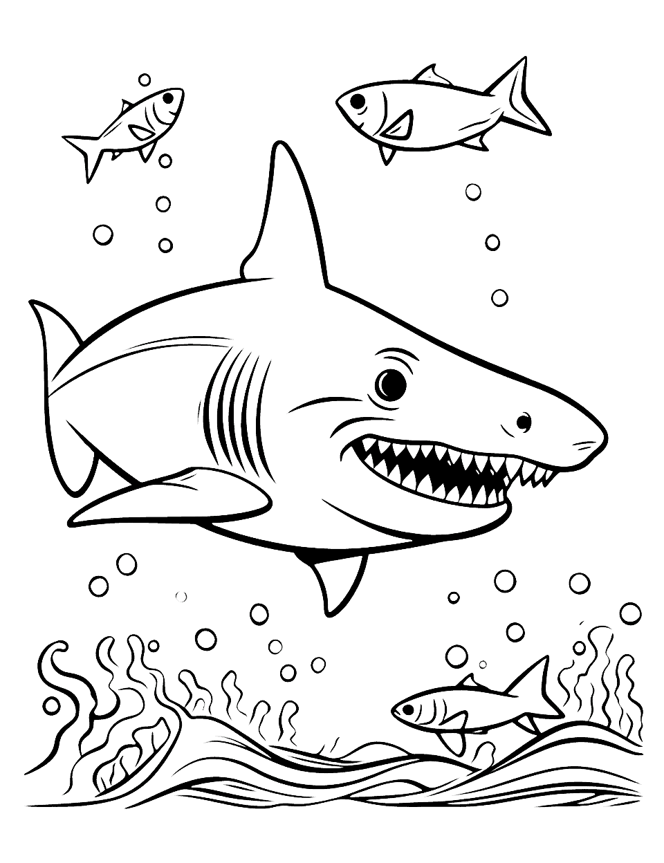 Angel Shark and Fish Coloring Page - An angel shark surrounded by beautiful fish under the water.