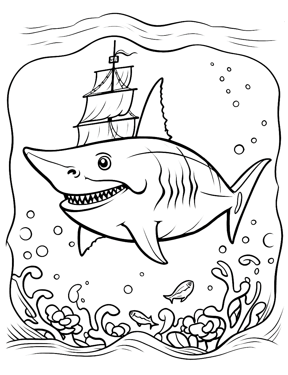 Shark Ship Coloring Page - A shark and a pirate ship combined.