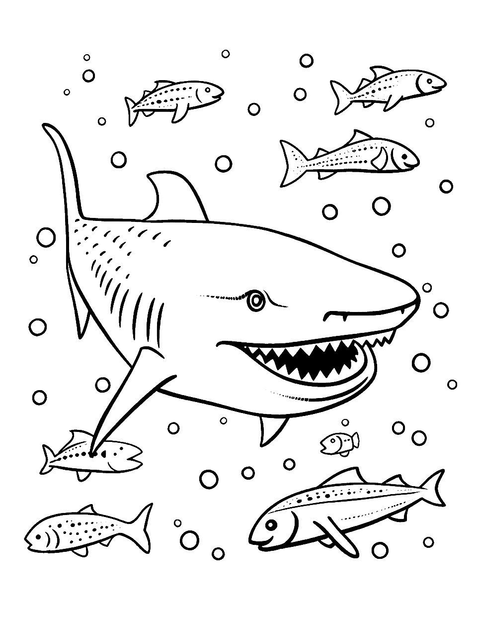 Whale Shark and Tiny Fish Coloring Page - A whale shark swimming with a group of tiny fish.