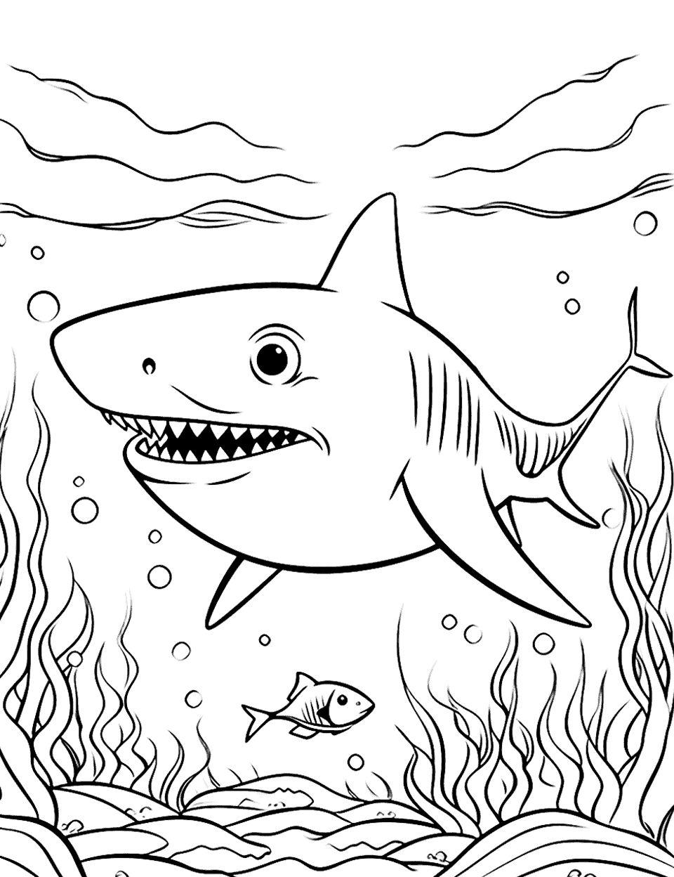 Fish and Shark Hide Seek Coloring Page - A fun scene of fish and a shark playing hide and seek in the coral reef.