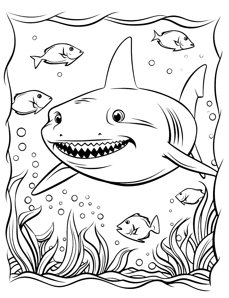 Shark's Seafood Feast Shark Coloring Page - A hungry shark enjoying a seafood feast.