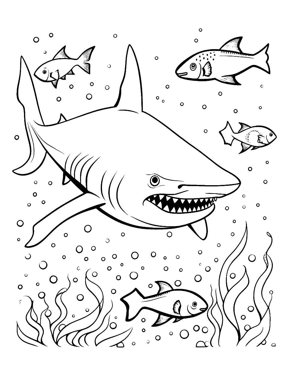 Whale Shark and Friends Coloring Page - A large, friendly whale shark swimming alongside various species of fish.