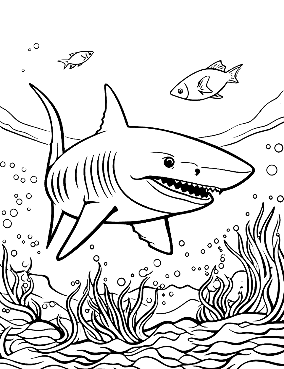 Reef Shark Exploration Coloring Page - A reef shark is exploring the depths of the ocean floor.