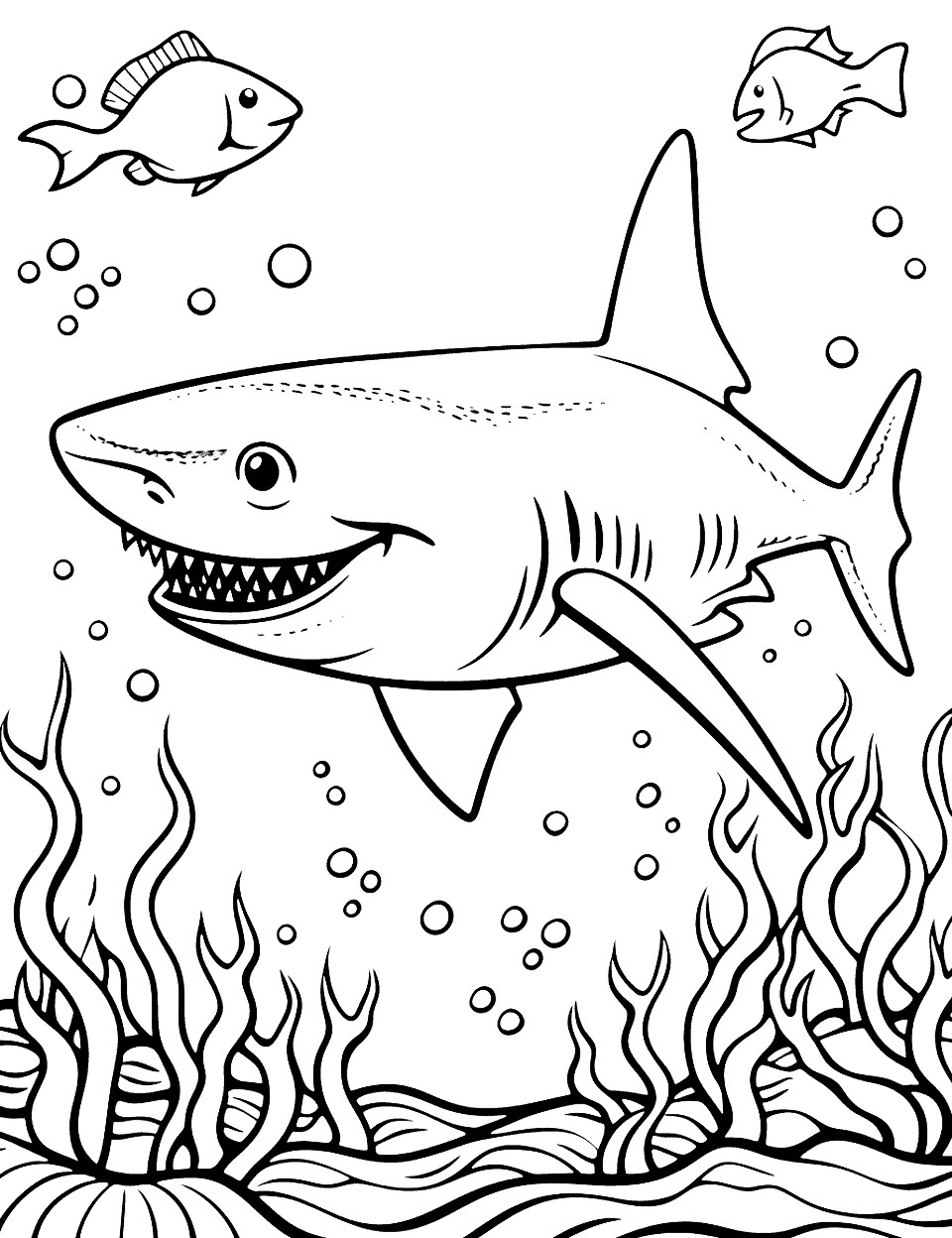 Shark and Coral Coloring Page - A leopard shark swimming by a vibrant sea coral.