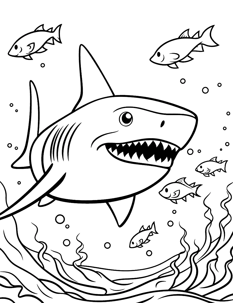 Tiger Shark's Underwater Chase Shark Coloring Page - A thrilling scene of a tiger shark chasing a school of fish.