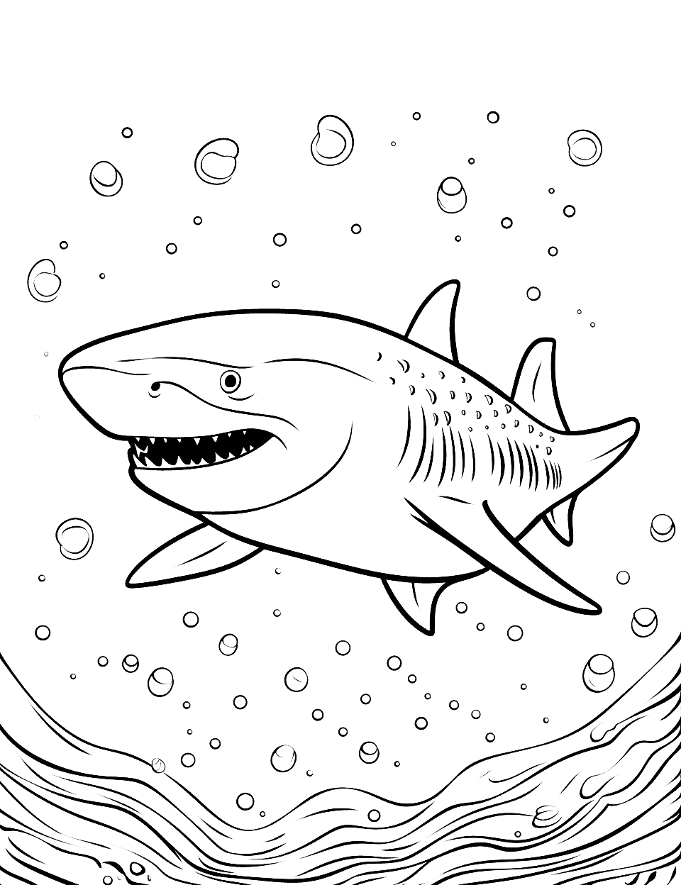 Whale Shark's Gentle Swim Shark Coloring Page - A peaceful scene of a whale shark swimming calmly in the deep blue sea.