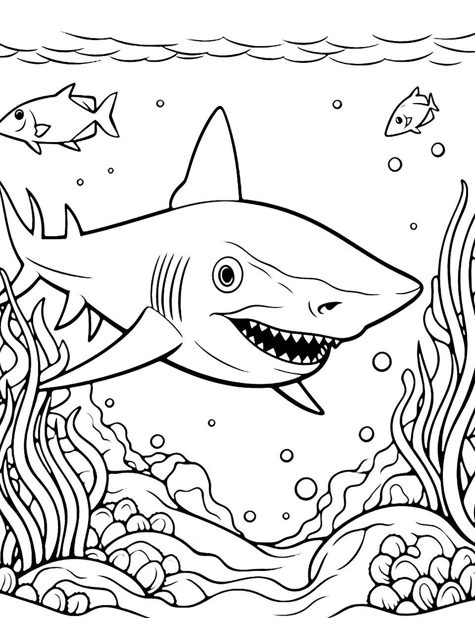 Reef Shark and Sea Coloring Page - A reef shark cruising along the ocean bottom.