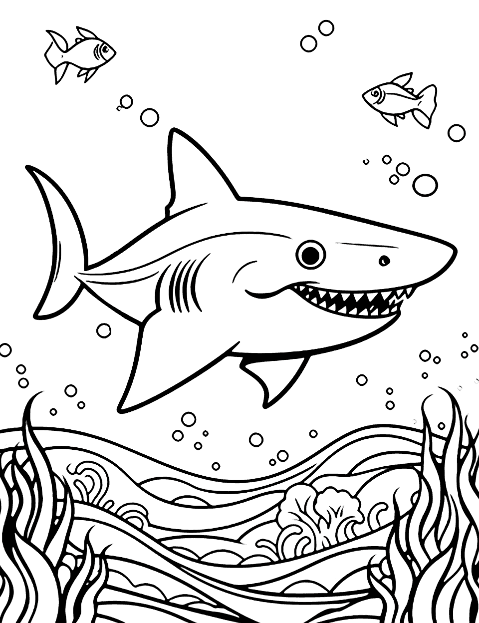 Black Tip Shark's Night Hunt Shark Coloring Page - A dynamic scene of a black-tip shark hunting in the moonlight.