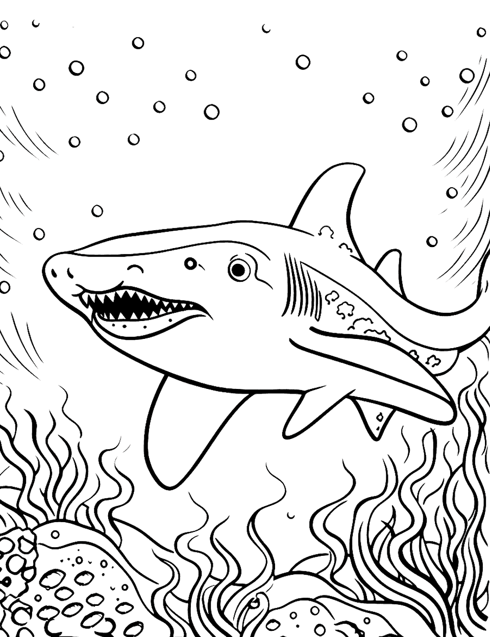 Angel Shark and the Lost Pearl Coloring Page - An angel shark finding a lost pearl on the seafloor.