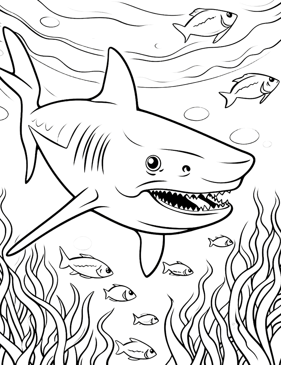 Tiger Shark's Coral Maze Shark Coloring Page - A tiger shark trying to navigate through a complex coral maze.