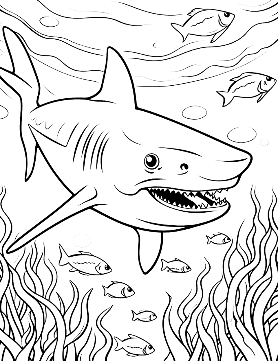 Tiger Shark's Coral Maze Coloring Page - A tiger shark trying to navigate through a complex coral maze.