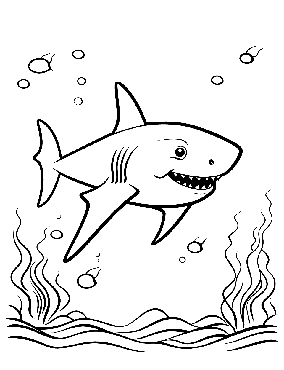 Baby Shark's First Hunt Coloring Page - A scene depicting a baby shark’s first attempt at hunting.