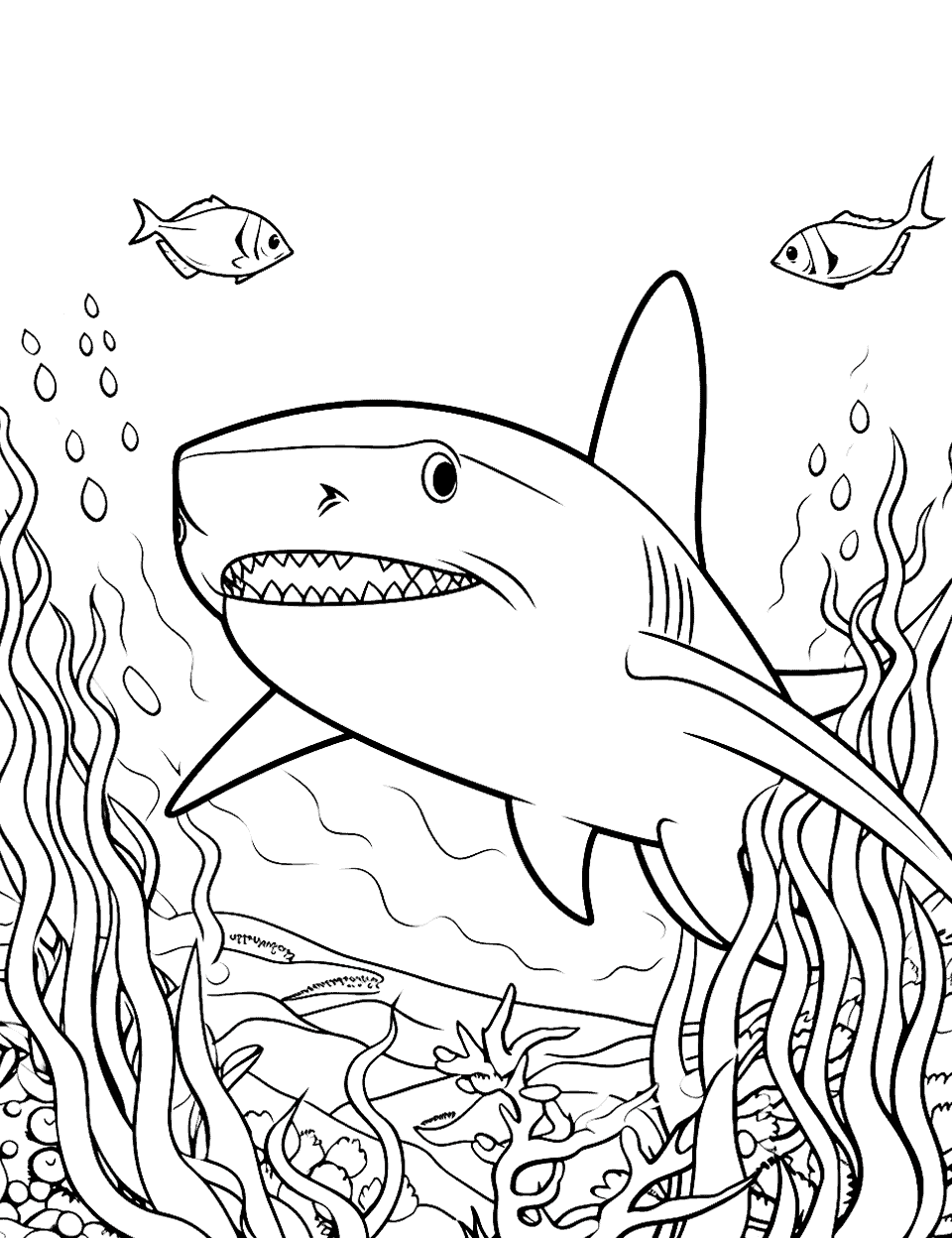 Reef Shark Amidst the Corals Coloring Page - A reef shark hiding among brightly colored coral reefs.