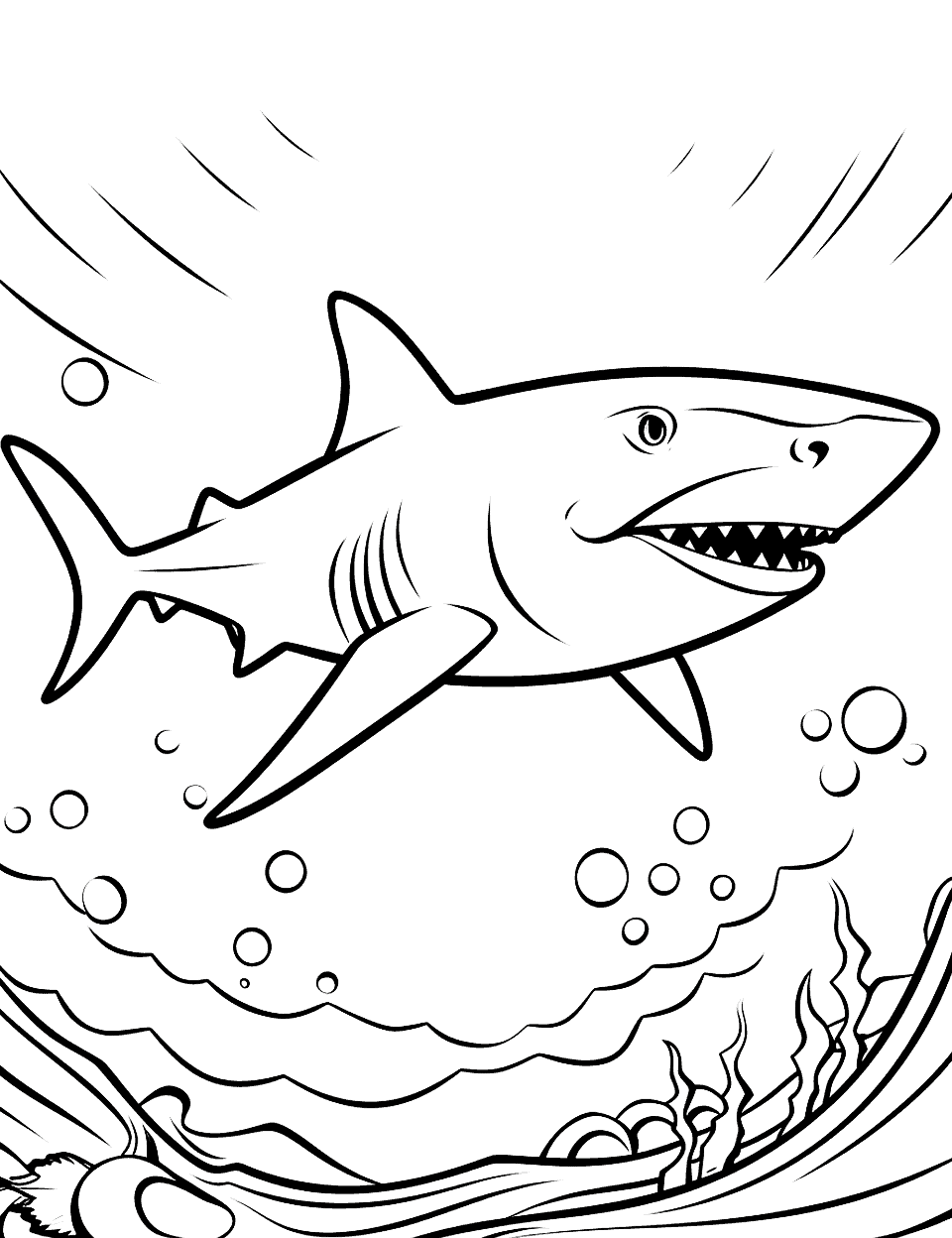 Black Tip Shark Hunting Coloring Page - A dynamic scene of a black tip shark chasing its prey.