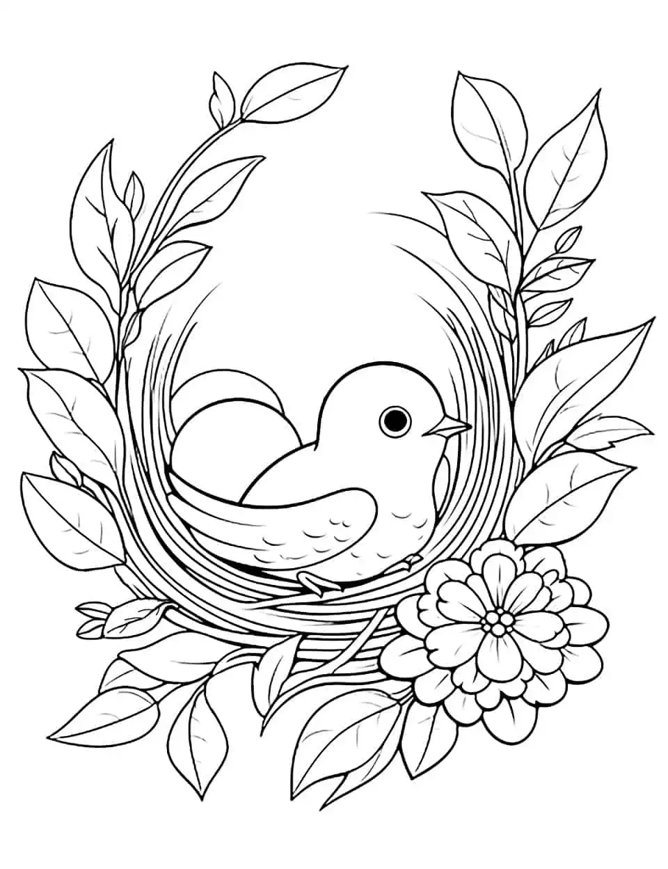 Colorful Bird's Nest Spring Coloring Page - A detailed coloring sheet featuring a bird’s nest with eggs amidst blooming flowers.