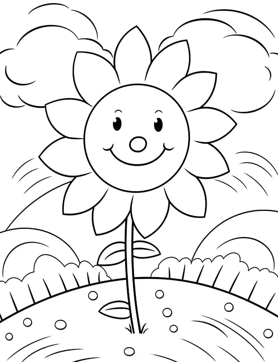 Cheerful Spring Sun Coloring Page - A large, smiling sun shining over a spring landscape for young children.