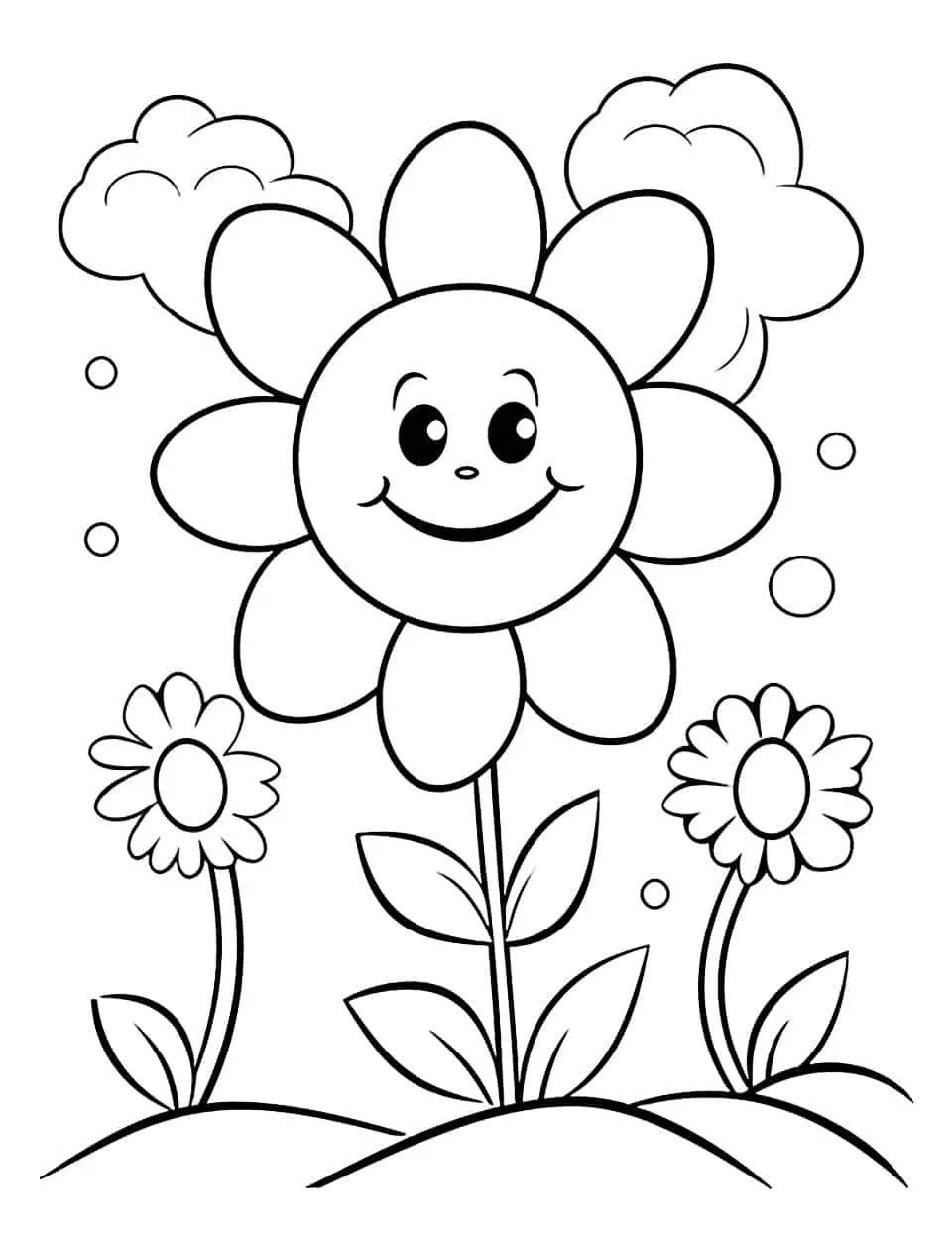 Pre K Spring Joy Coloring Page - An easy, colorful page featuring spring elements like a rainbow, sun, and flowers for pre-K children.