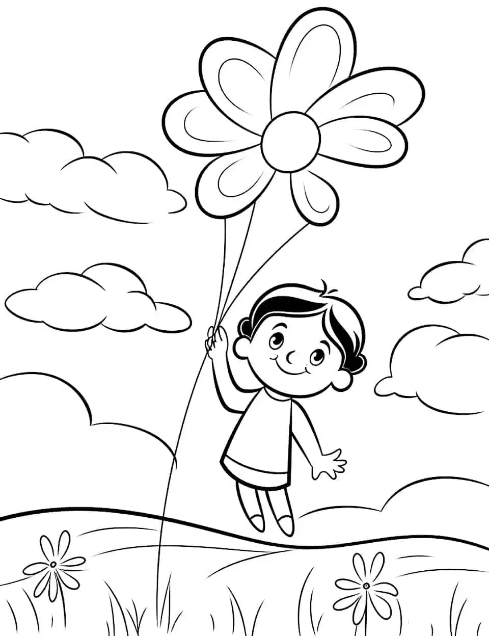 Kite Flying in Spring Breeze Coloring Page - A coloring page depicting a kite flying high in a spring sky, perfect for older children.