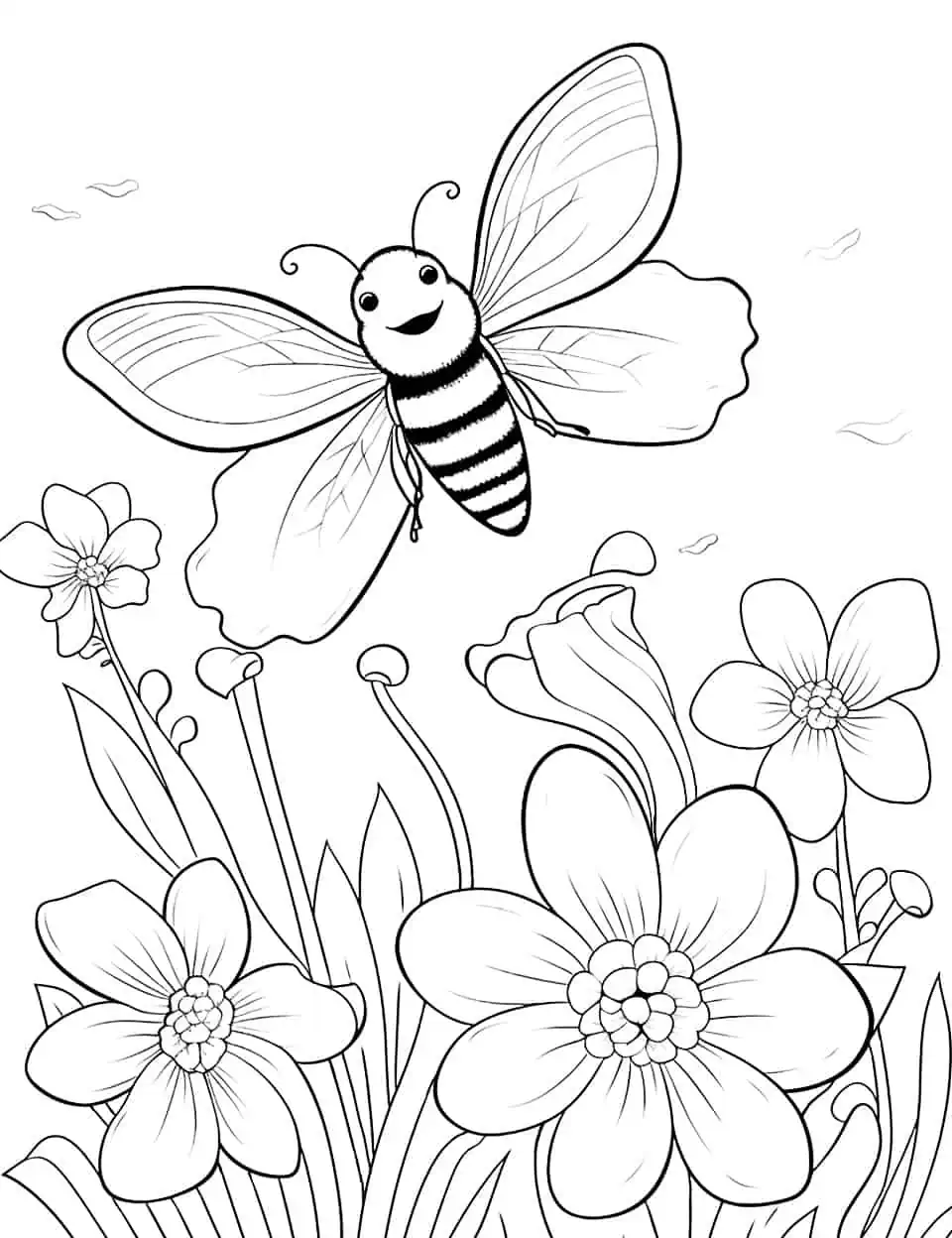 Bees and Spring Flowers Coloring Page - A detailed coloring sheet featuring bees buzzing around blooming spring flowers for kids.