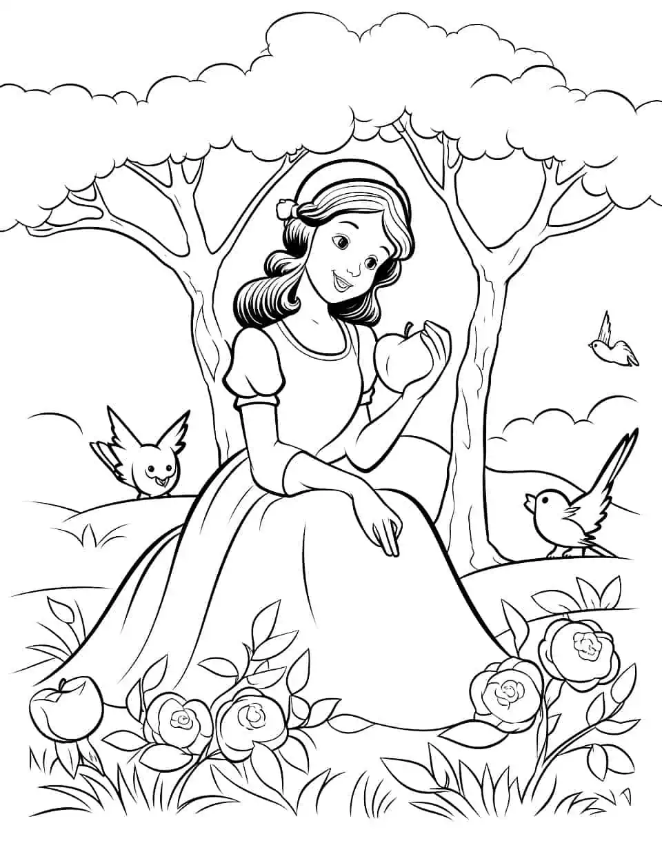 Snow White in Spring Coloring Page - Snow White enjoying spring with her animal friends.