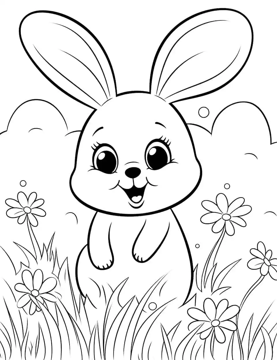 Bunny Hopping on a Sunny Day Coloring Page - A cute bunny hopping through a spring meadow filled with daisies.