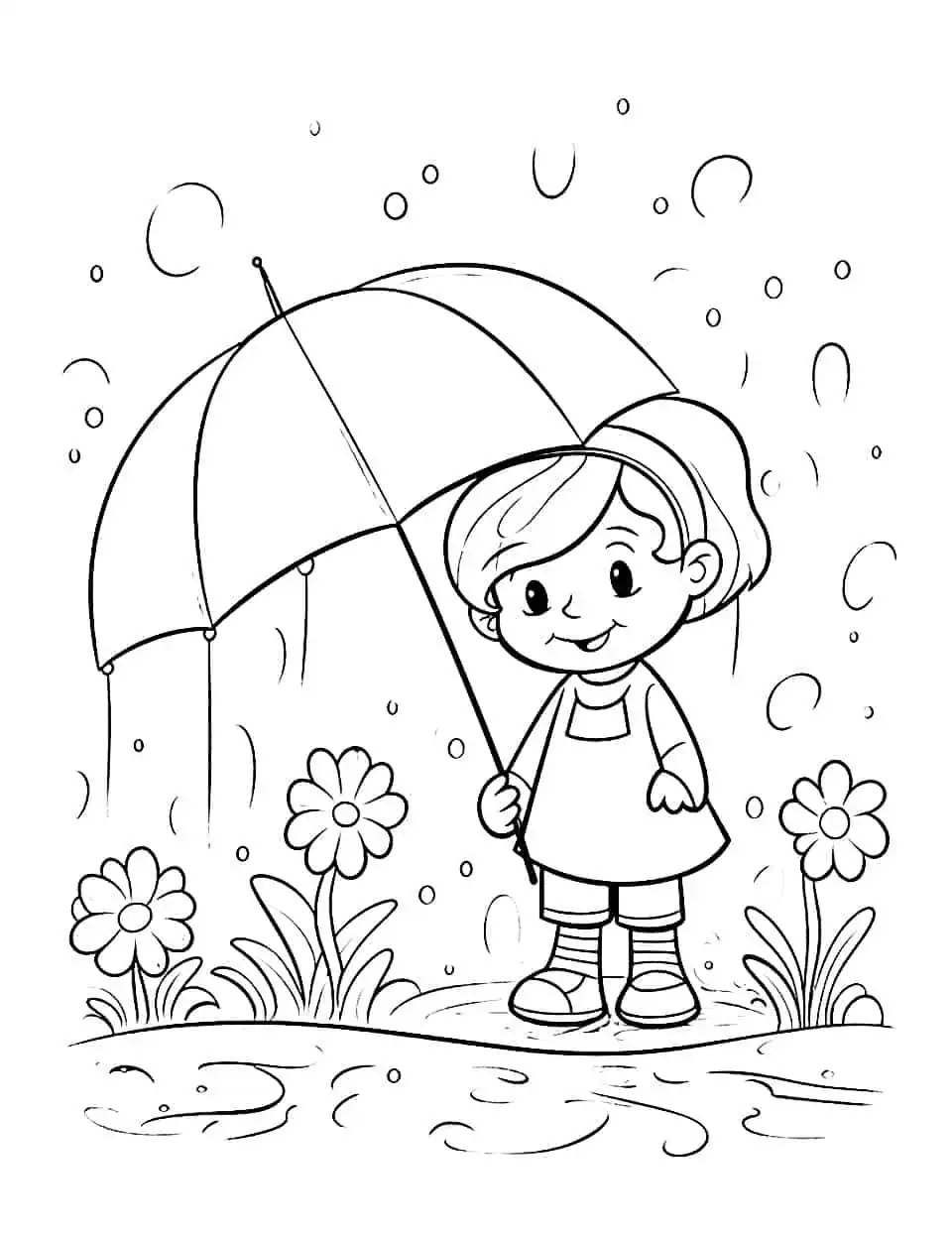 Rainy Spring Day Coloring Page - A coloring page of kids playing and splashing in spring rain puddles.