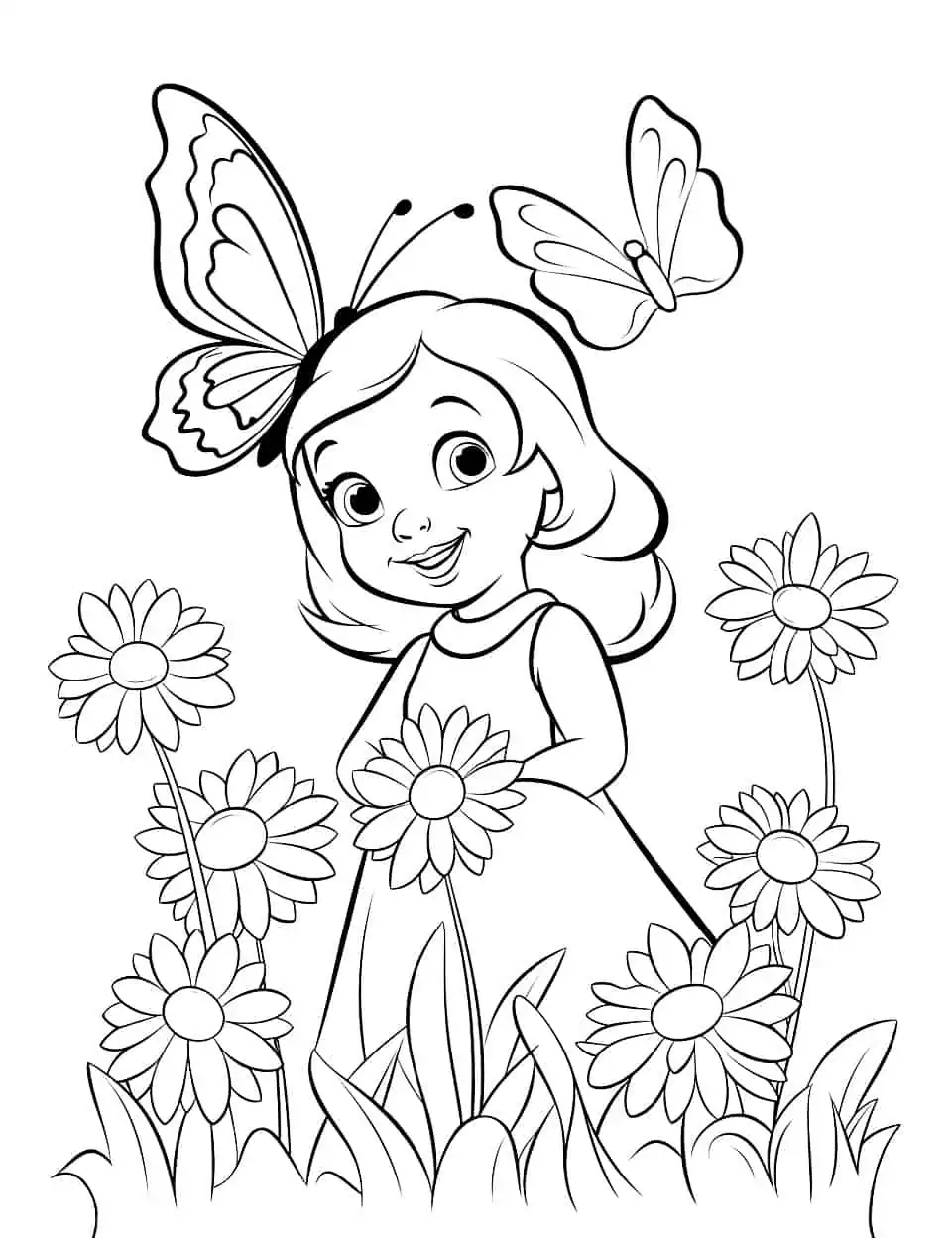 Princess Spring Scene Coloring Page - A coloring sheet with a princess celebrating the arrival of spring, featuring flowers, and butterflies.