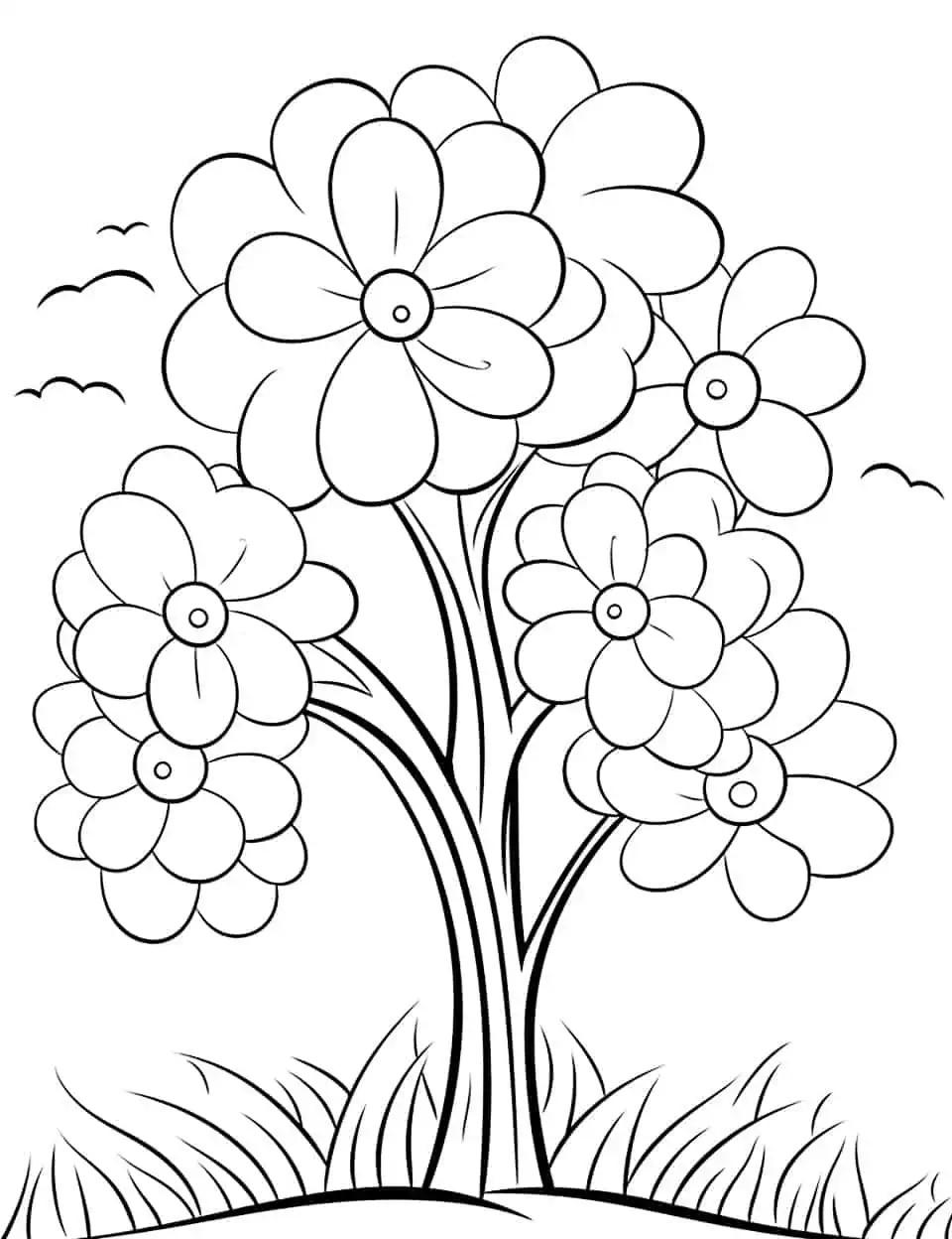 Blooming Spring Tree for Kindergarten Coloring Page - A large, simple coloring page of a tree bursting with spring blossoms for kindergarten kids.
