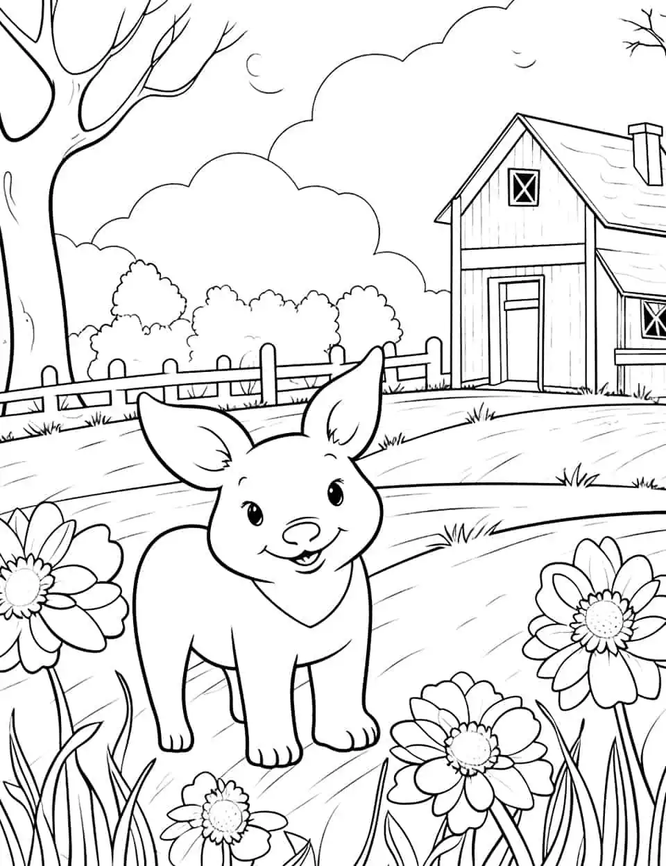 Spring Farm Visit Coloring Page - A detailed coloring page featuring a spring day visit to a farm with baby animals.