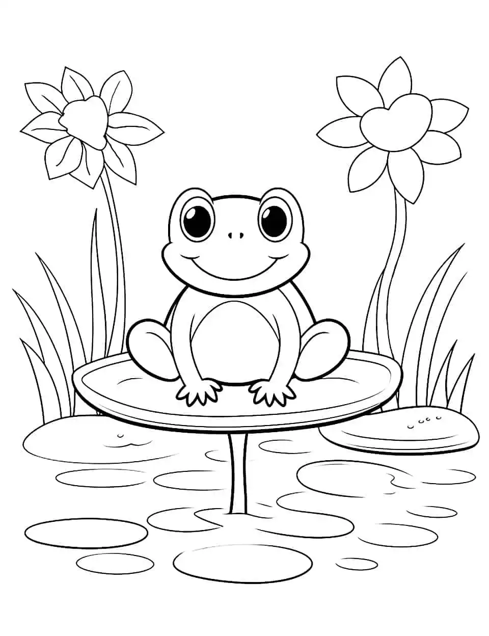 Frog's Lily Pad Home Spring Coloring Page - A fun and simple coloring page of a frog resting on a lily pad in a spring pond for toddlers.