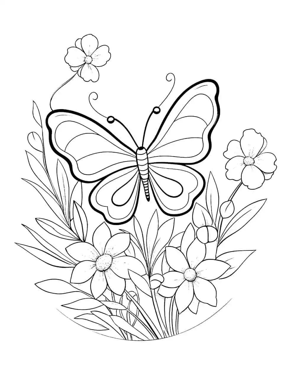 Butterfly Mandala Coloring Page - A complex, detailed mandala featuring a beautiful butterfly amidst spring flowers.