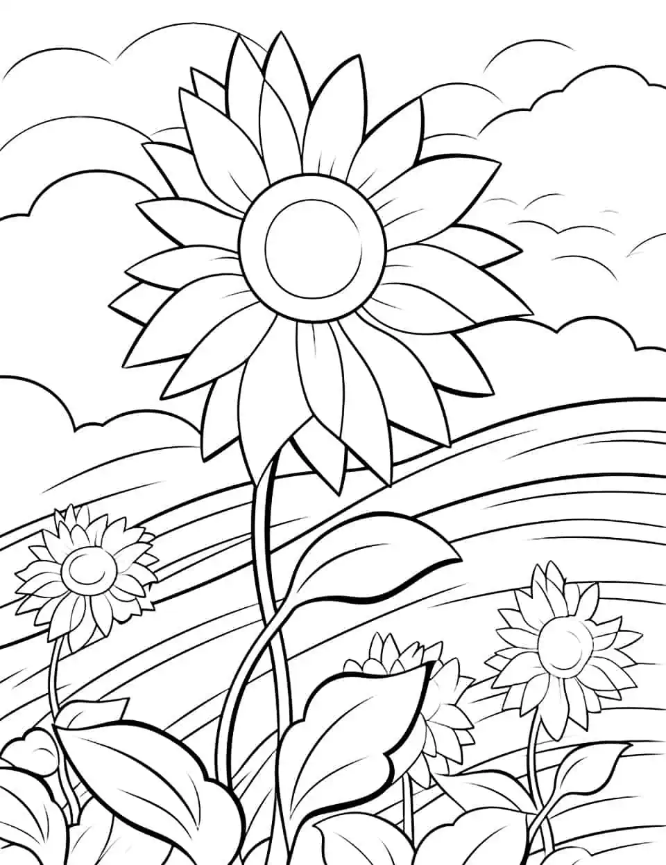 Sunflower Field in Spring Coloring Page - A large, simple coloring page featuring a field of sunflowers under a spring sun for younger kids.