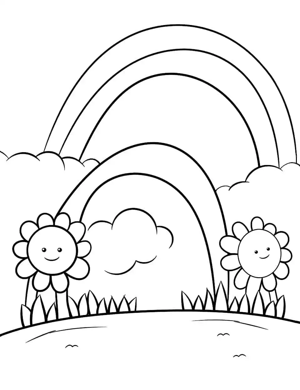 Simple Springtime Rainbow Spring Coloring Page - A simple coloring sheet for kids with a large, bright rainbow arching over a spring meadow.