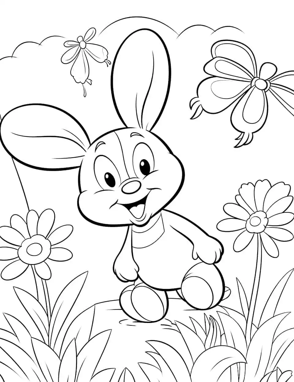 Cute Bunny Spring Flowers Coloring Page - A detailed scene of a cute bunny nestled among spring flowers for older kids.