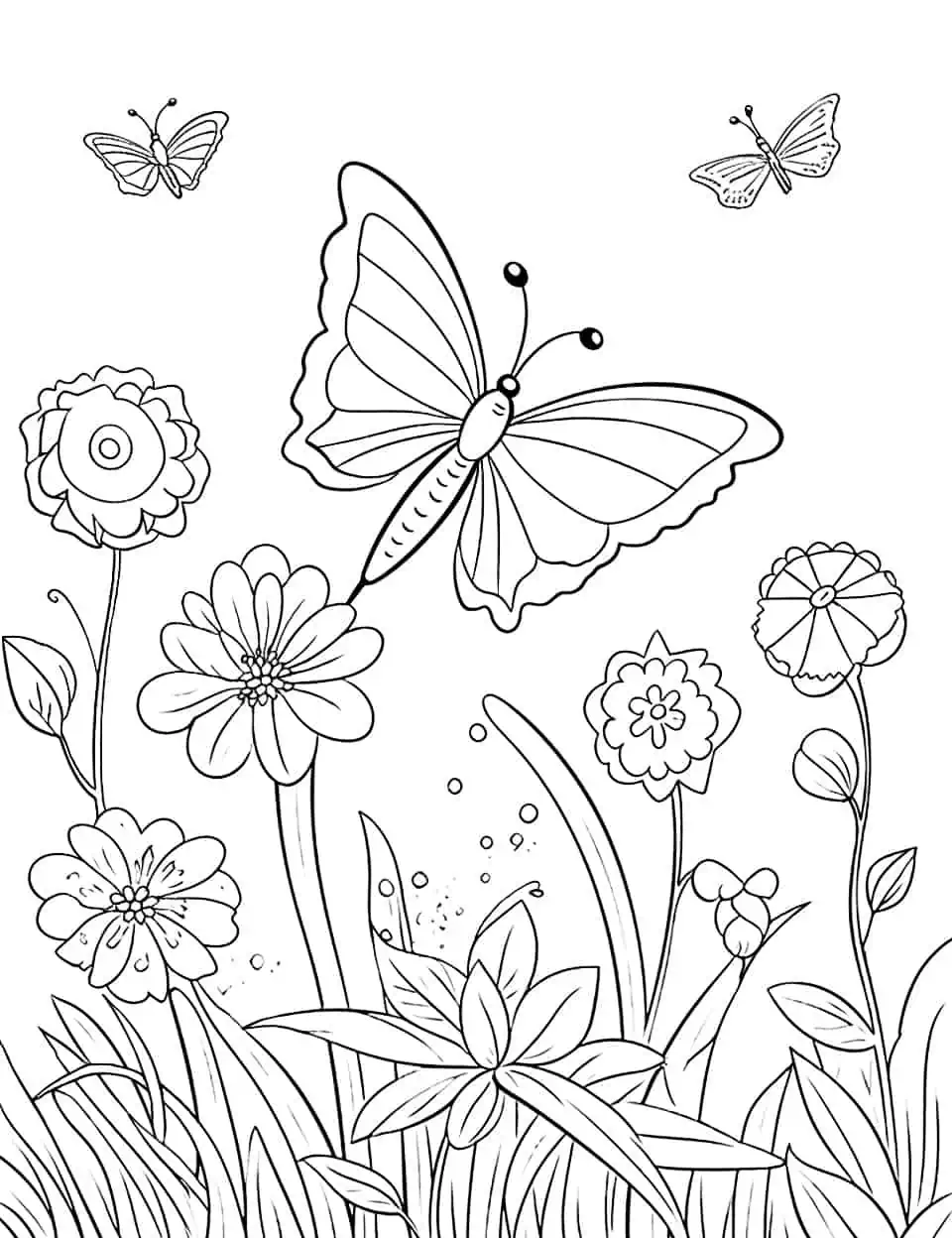Butterflies Over the Meadow Spring Coloring Page - A page filled with detailed butterflies flying over spring flowers, perfect for kindergarten children.