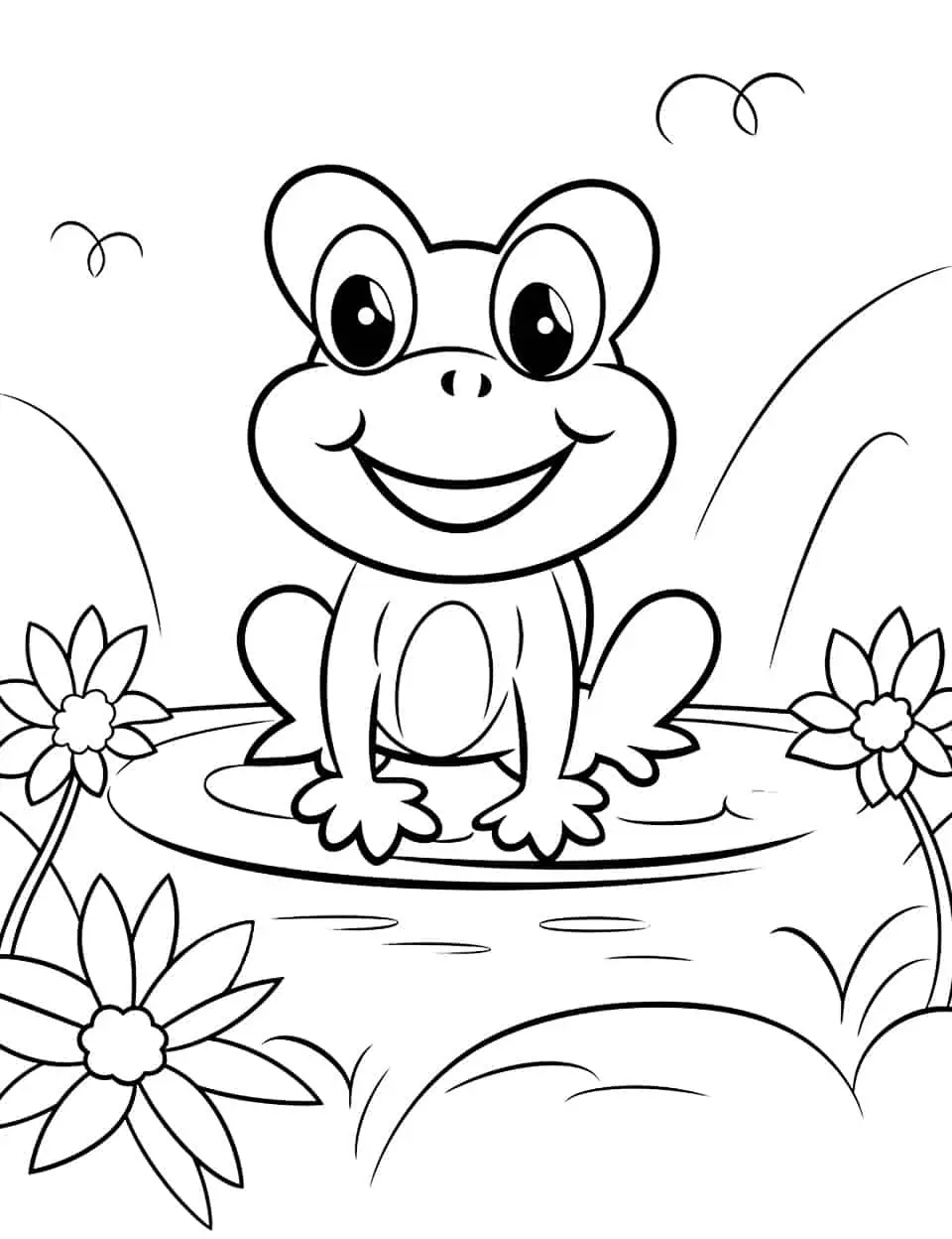 Hop Into Spring with Frog Coloring Page - A spring-themed coloring page featuring a frog hopping on lily pads in a pond.