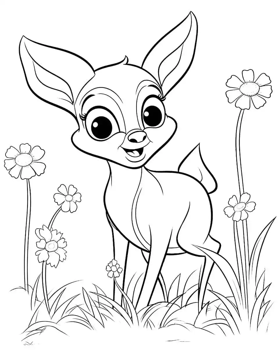 Bambi in Spring Coloring Page - A coloring sheet featuring Bambi frolicking in a spring meadow.