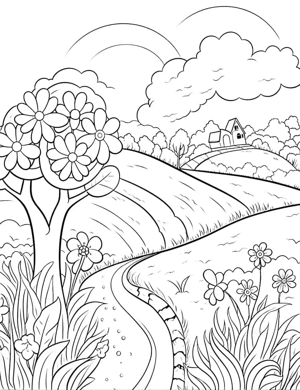 Artistic Spring Landscape Coloring Page - An intricate, artistic landscape of a spring scene, perfect for middle school students.