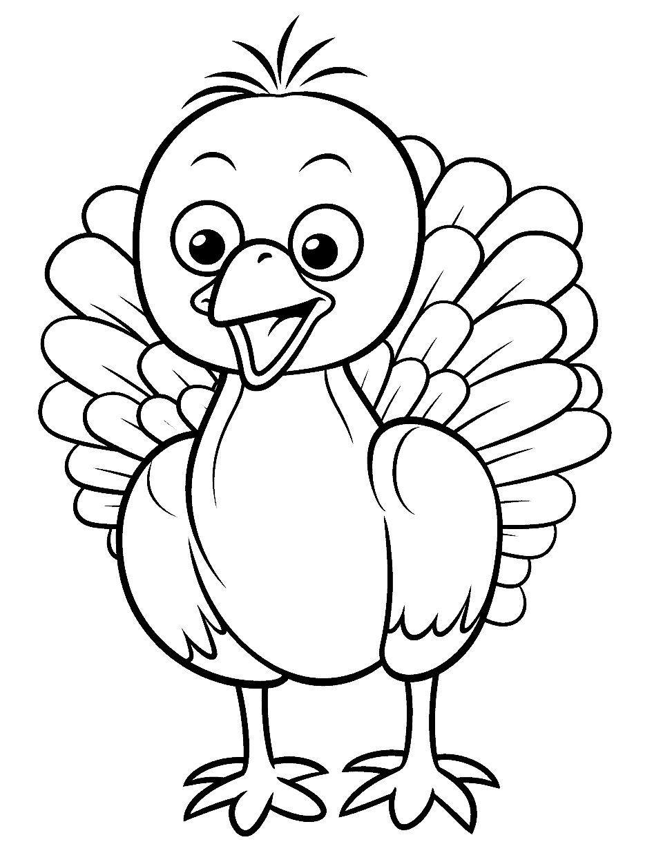 Cheerful Baby Turkey Coloring Page - A cute and small baby turkey with big, bright eyes, perfect for preschool coloring activity.