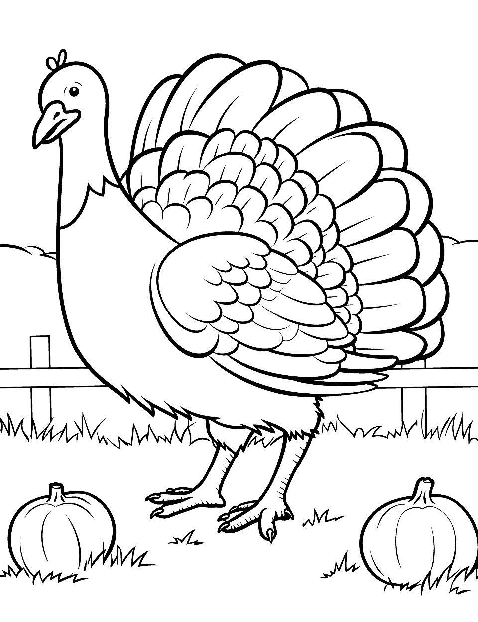 Large Turkey on the Farm Coloring Page - A large turkey strutting around a farm, which offers a lot of scenery to color.